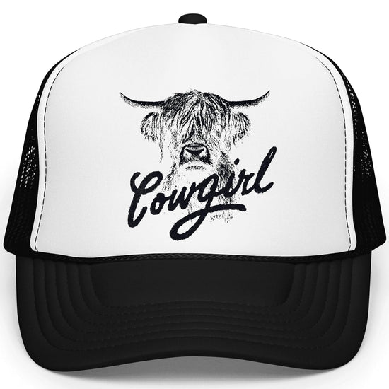 Highland cow cowgirl trucker hat in white with black mesh back and script lettering