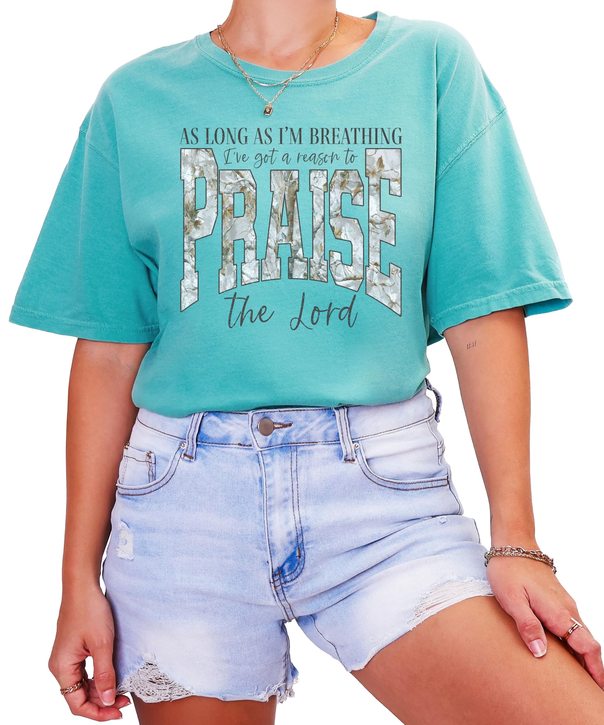 Back view of women's Christian Easter t-shirt showing plain blue jean colored fabric without design