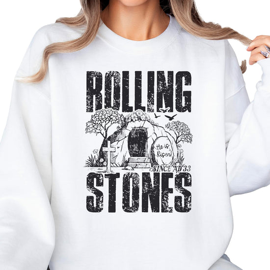 Detail shot of Christian empty tomb resurrection graphic on army green sweatshirt
