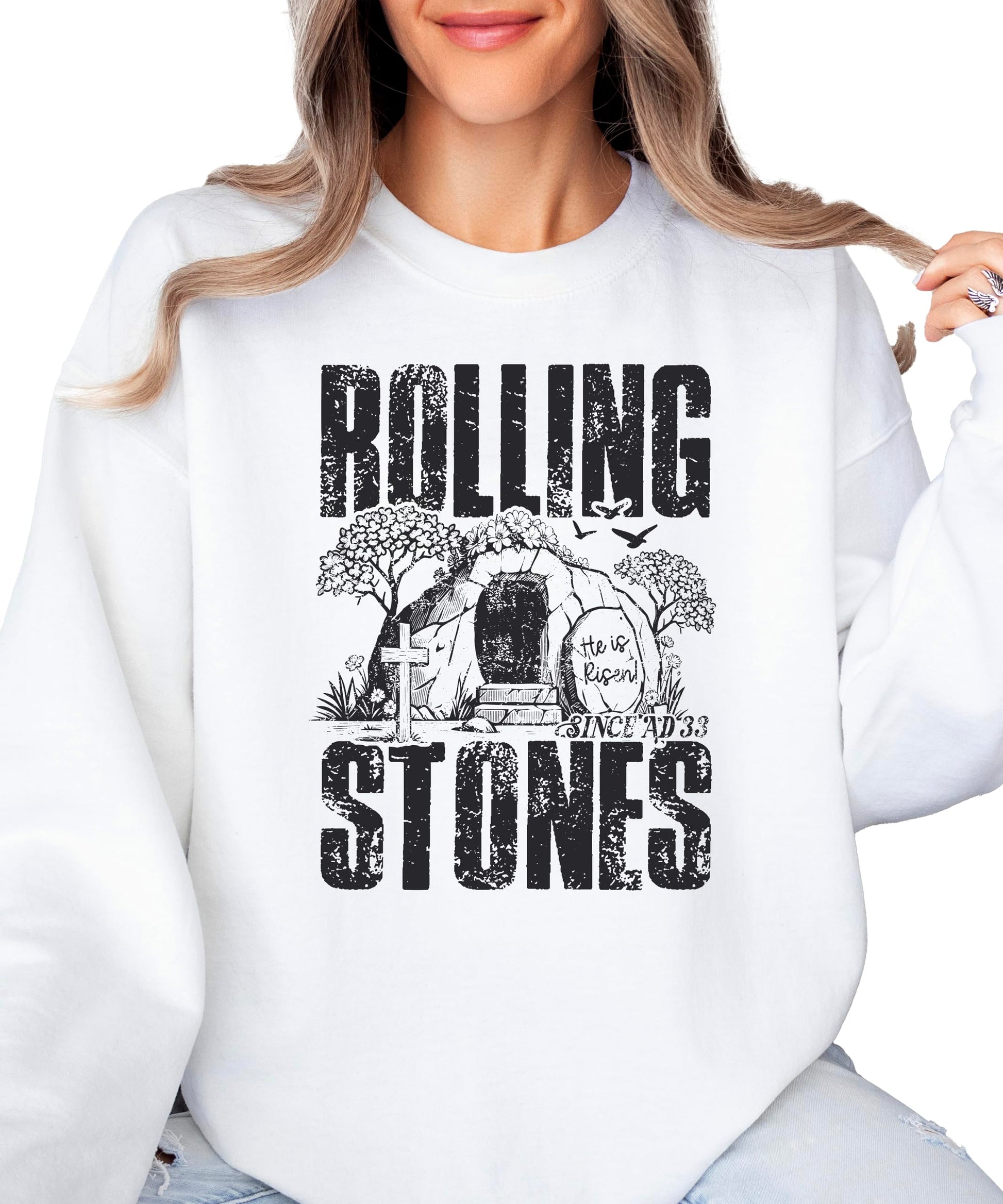 Detail shot of Christian empty tomb resurrection graphic on army green sweatshirt