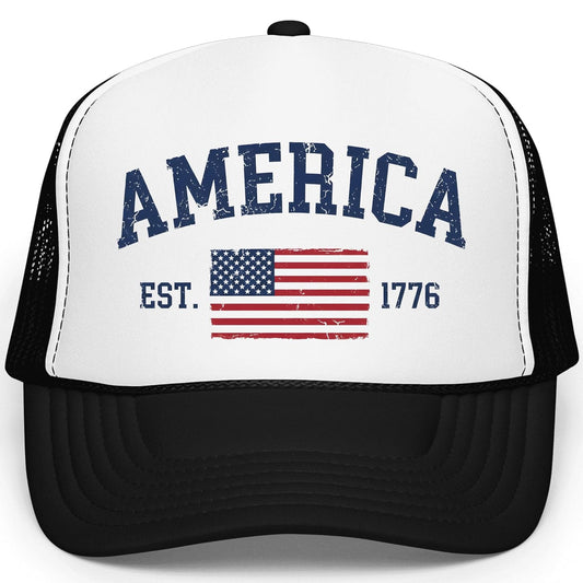 America Est 1776 white trucker hat with distressed USA flag design and mesh back