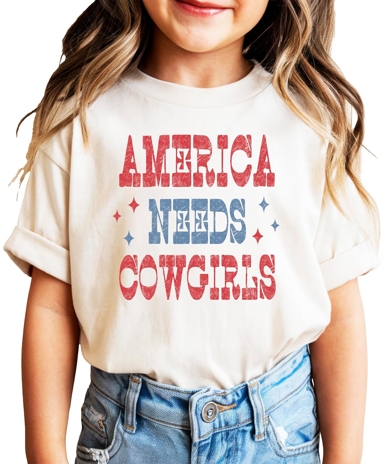 America Needs Cowgirls pink graphic tee with vintage western patriotic design