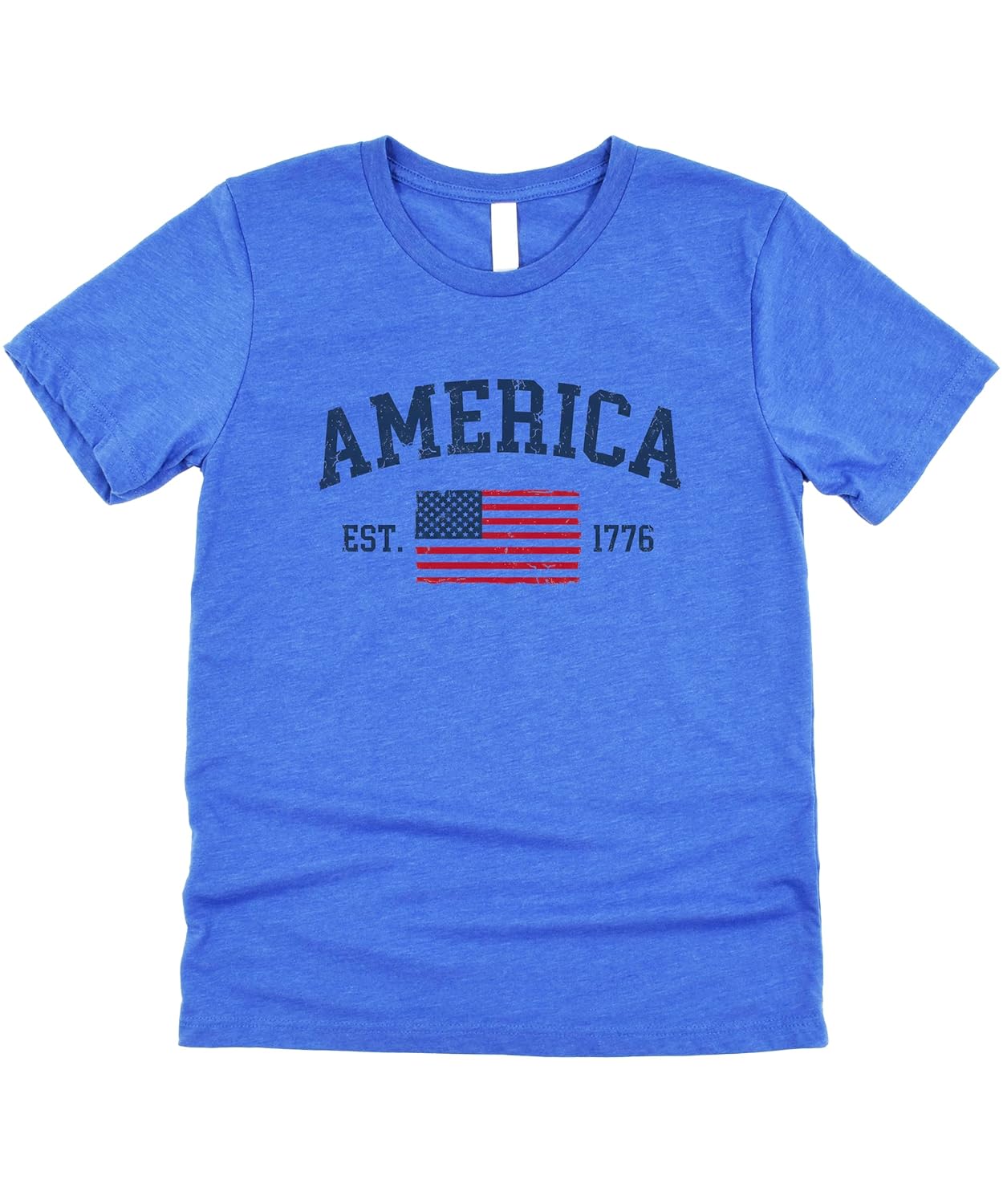 Close-up of weathered American flag graphic with vintage distressed design on patriotic t-shirt