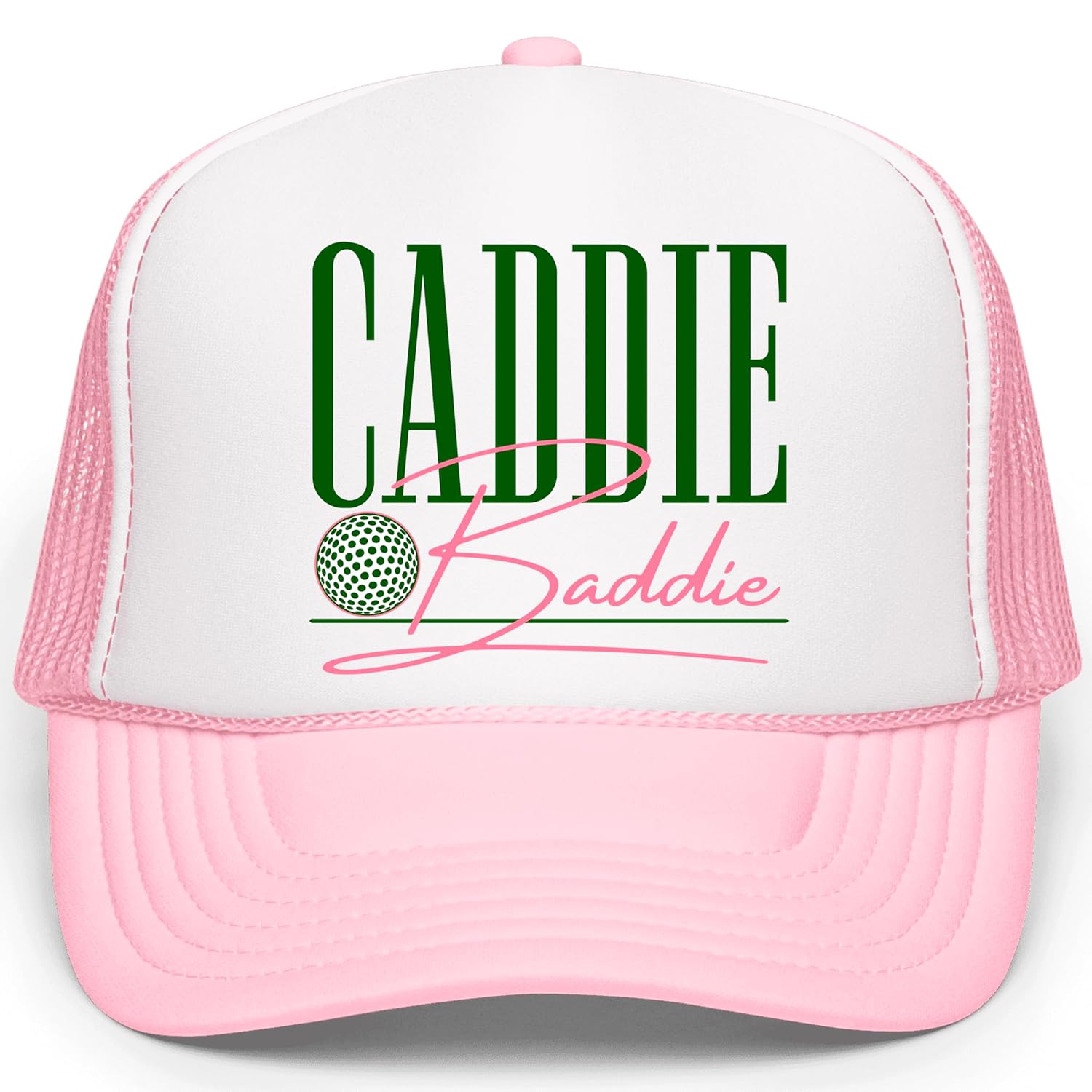 Back view of Caddie Baddie trucker hat displaying black mesh panels and adjustable plastic snapback closure