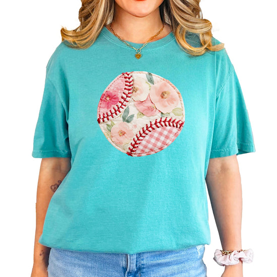 Full front view of women's baseball shirt featuring trendy patchwork floral design