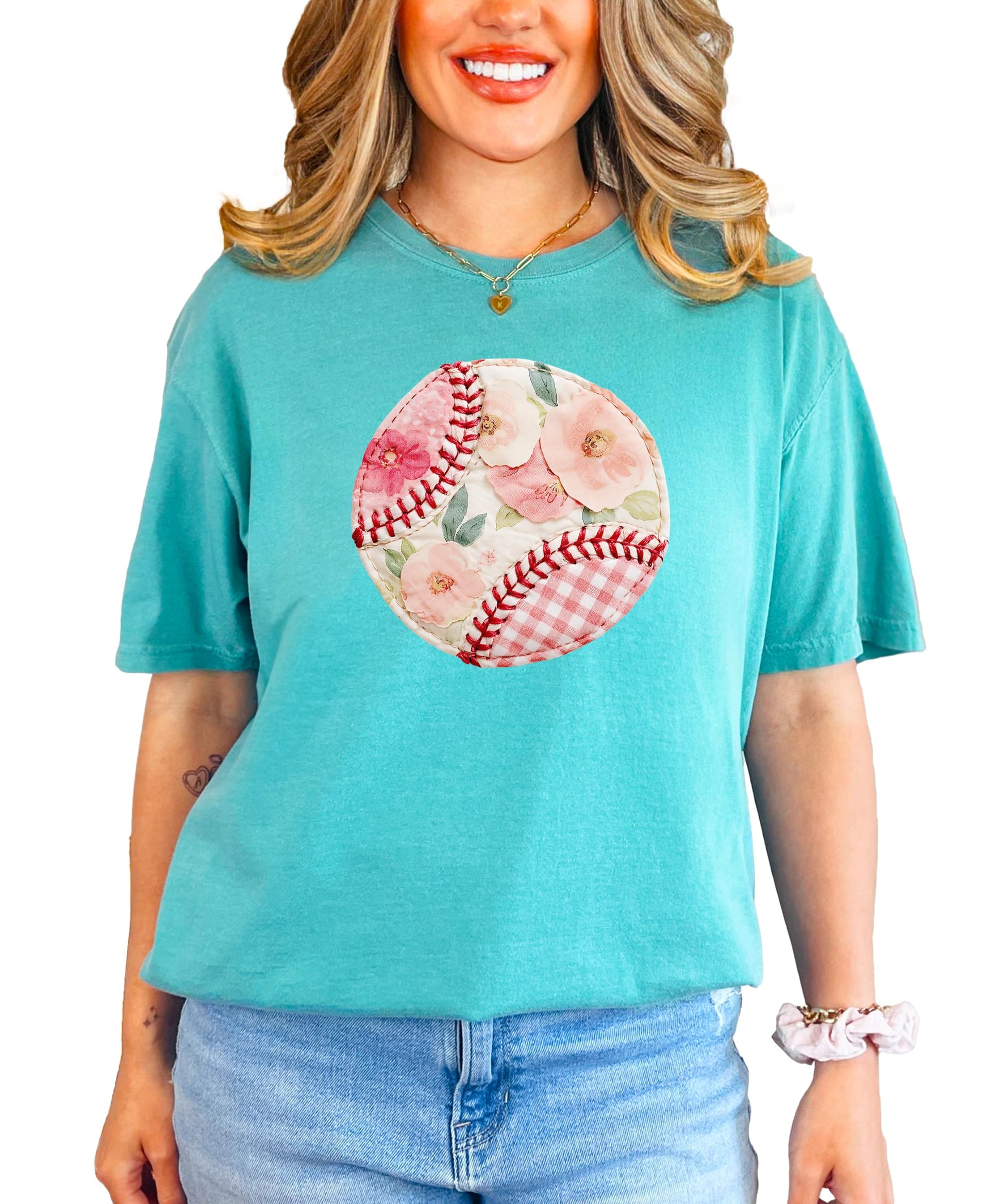 Full front view of women's baseball shirt featuring trendy patchwork floral design