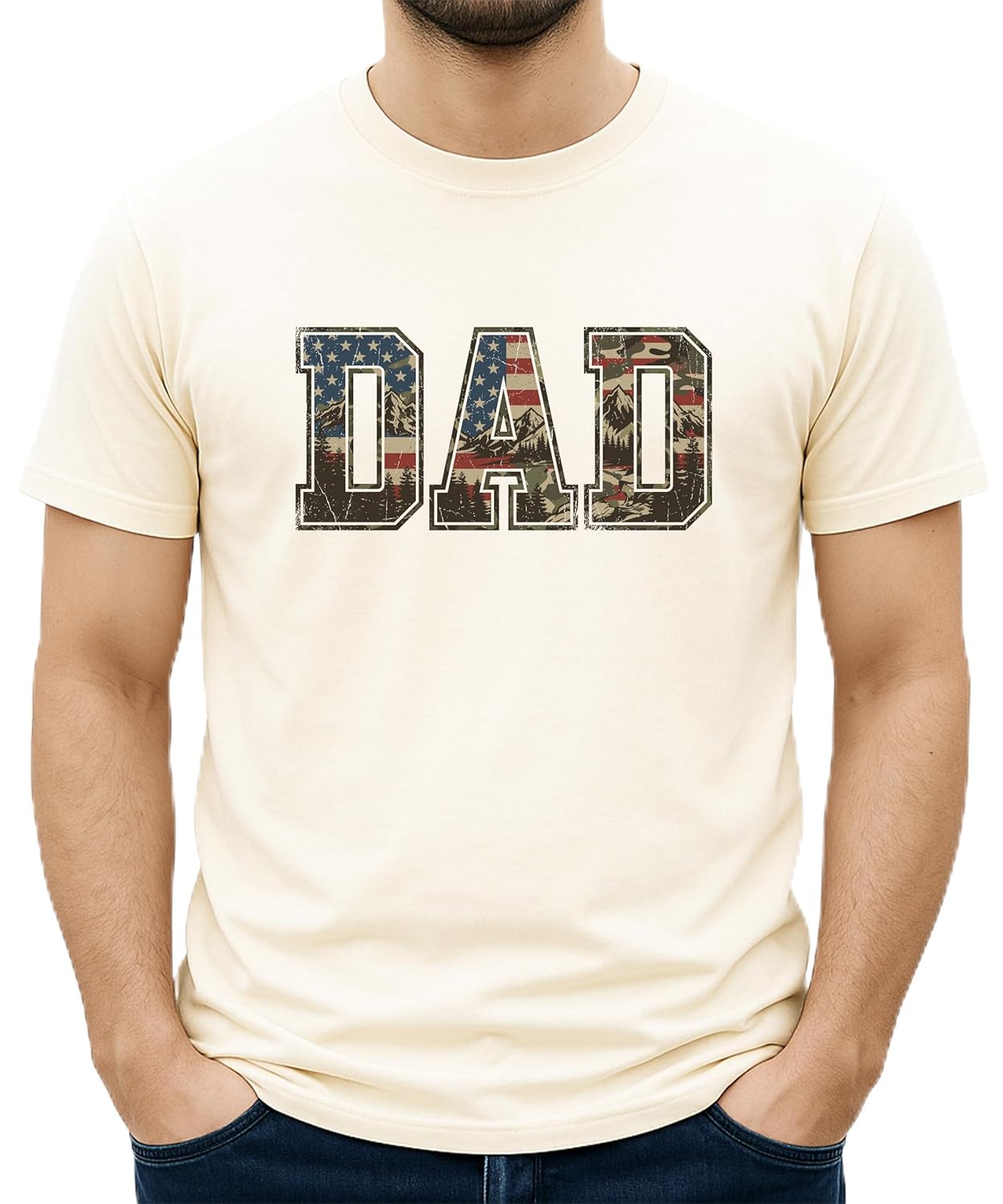 Back view of natural patriotic dad shirt showing plain back design