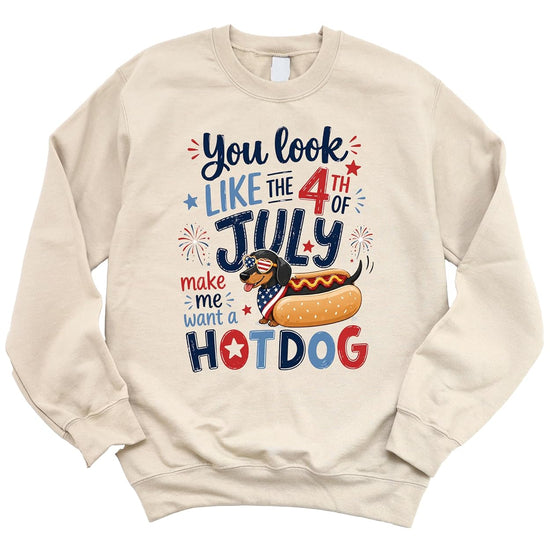 White patriotic dachshund sweatshirt flat lay showing full design and crewneck style