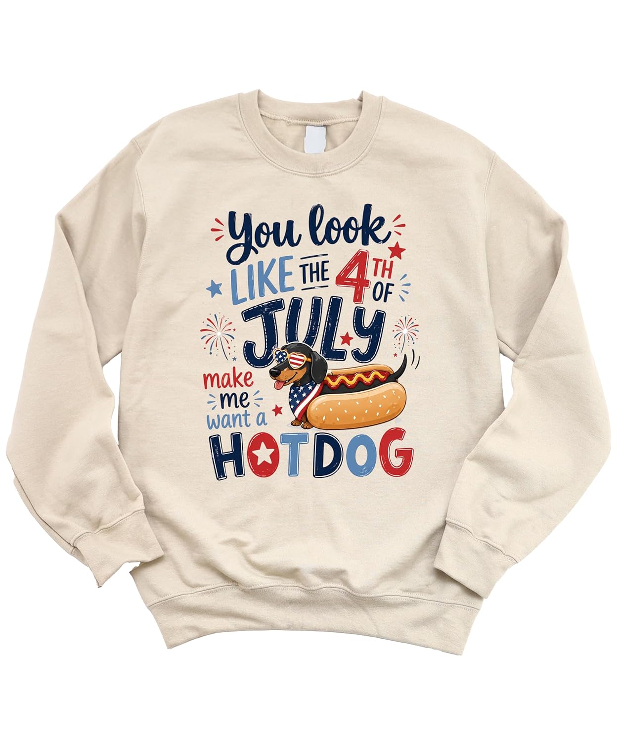 White patriotic dachshund sweatshirt flat lay showing full design and crewneck style