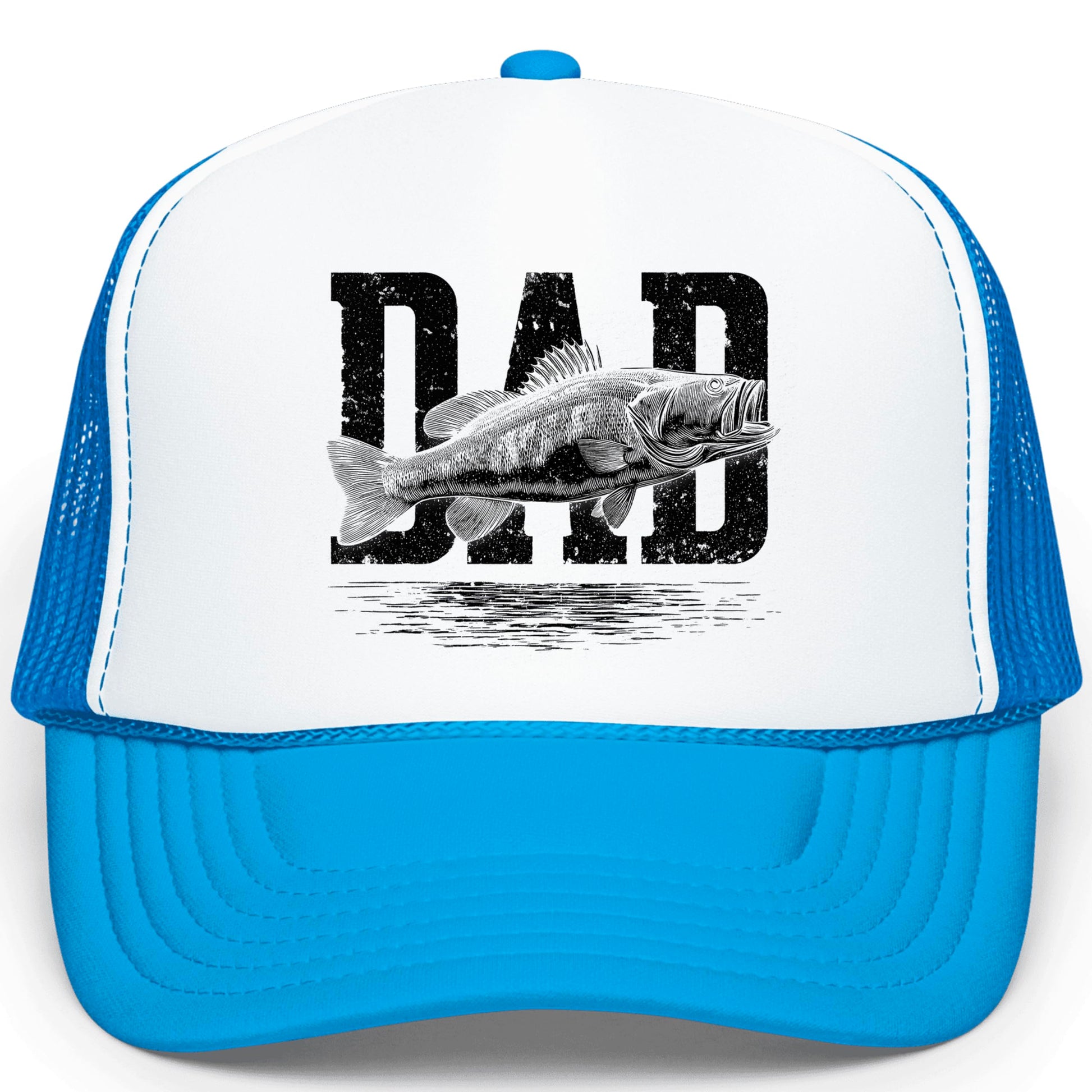 Close-up detail of bass fish graphic overlaid on vintage distressed DAD lettering design