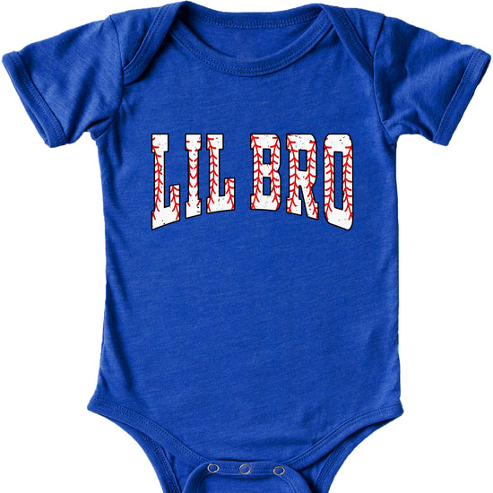 Side view of white Lil Bro bodysuit showing fit and baseball theme graphic placement