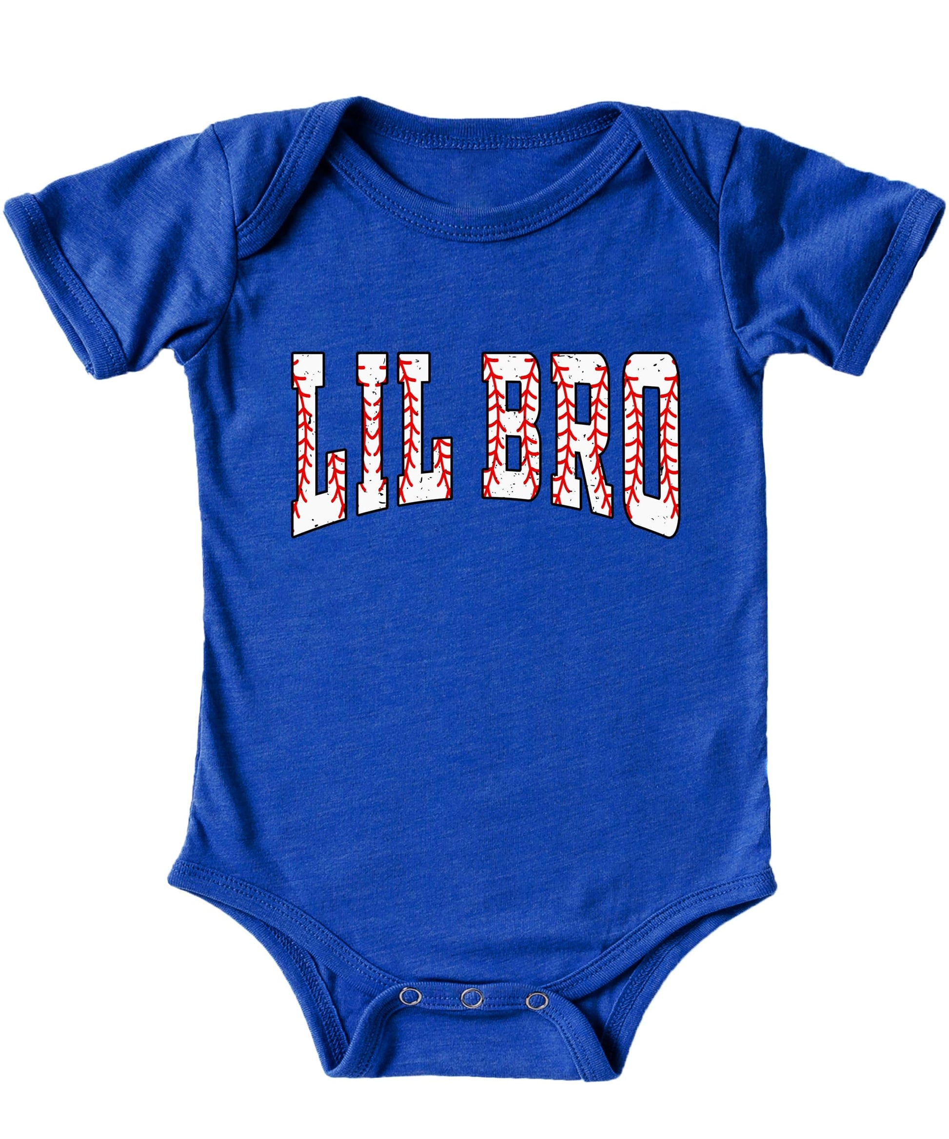 Side view of white Lil Bro bodysuit showing fit and baseball theme graphic placement