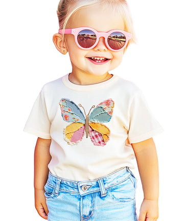 Ink Printed Image NOT a Quilt Patch – Cute Floral Butterfly Patchwork T-Shirt for Girls & Women