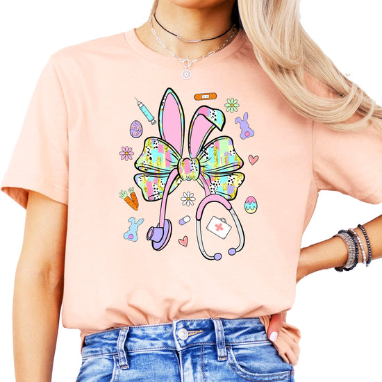 Easter nurse shirt product mockup displaying bunny bow stethoscope design clearly
