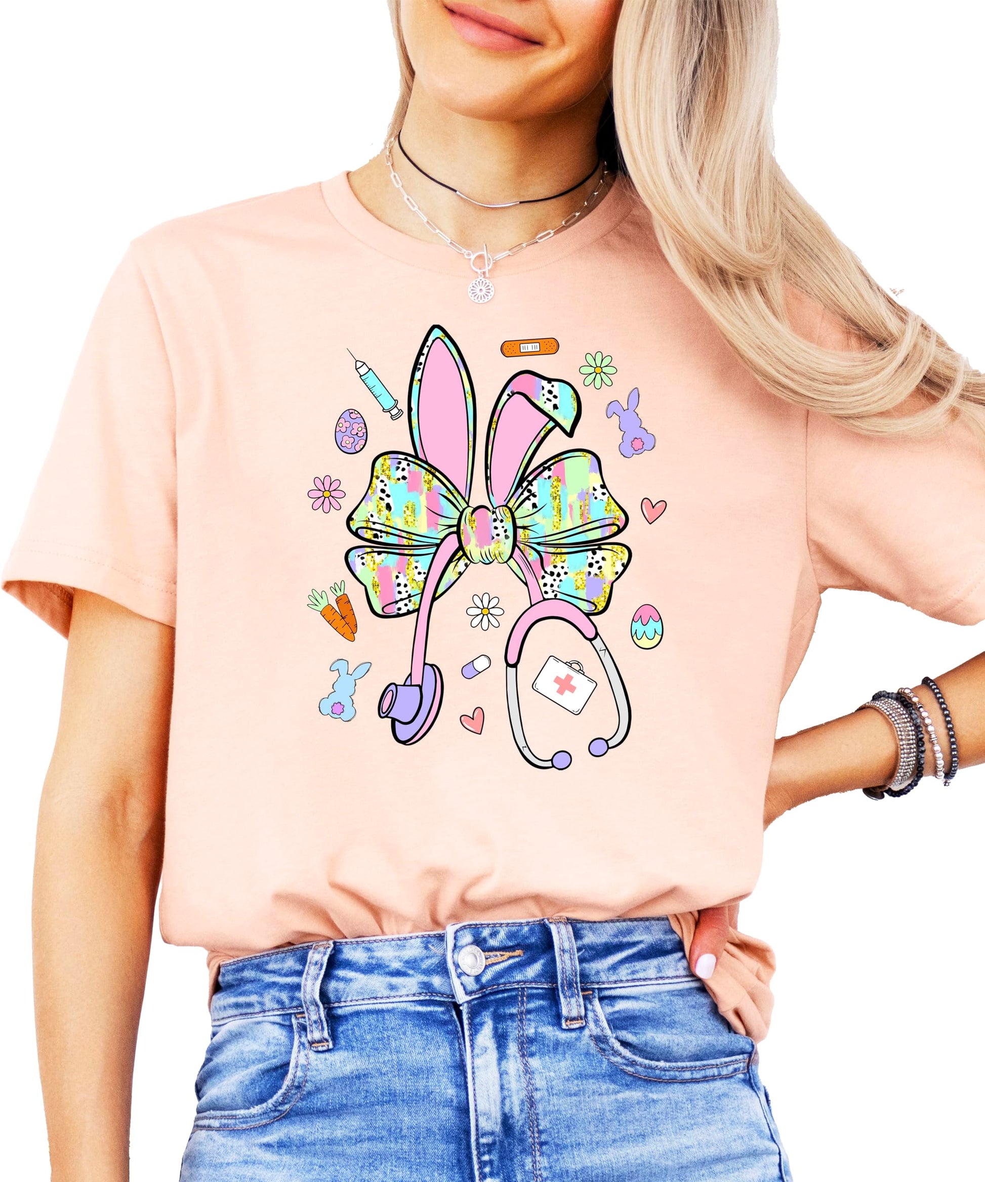 Easter nurse shirt product mockup displaying bunny bow stethoscope design clearly