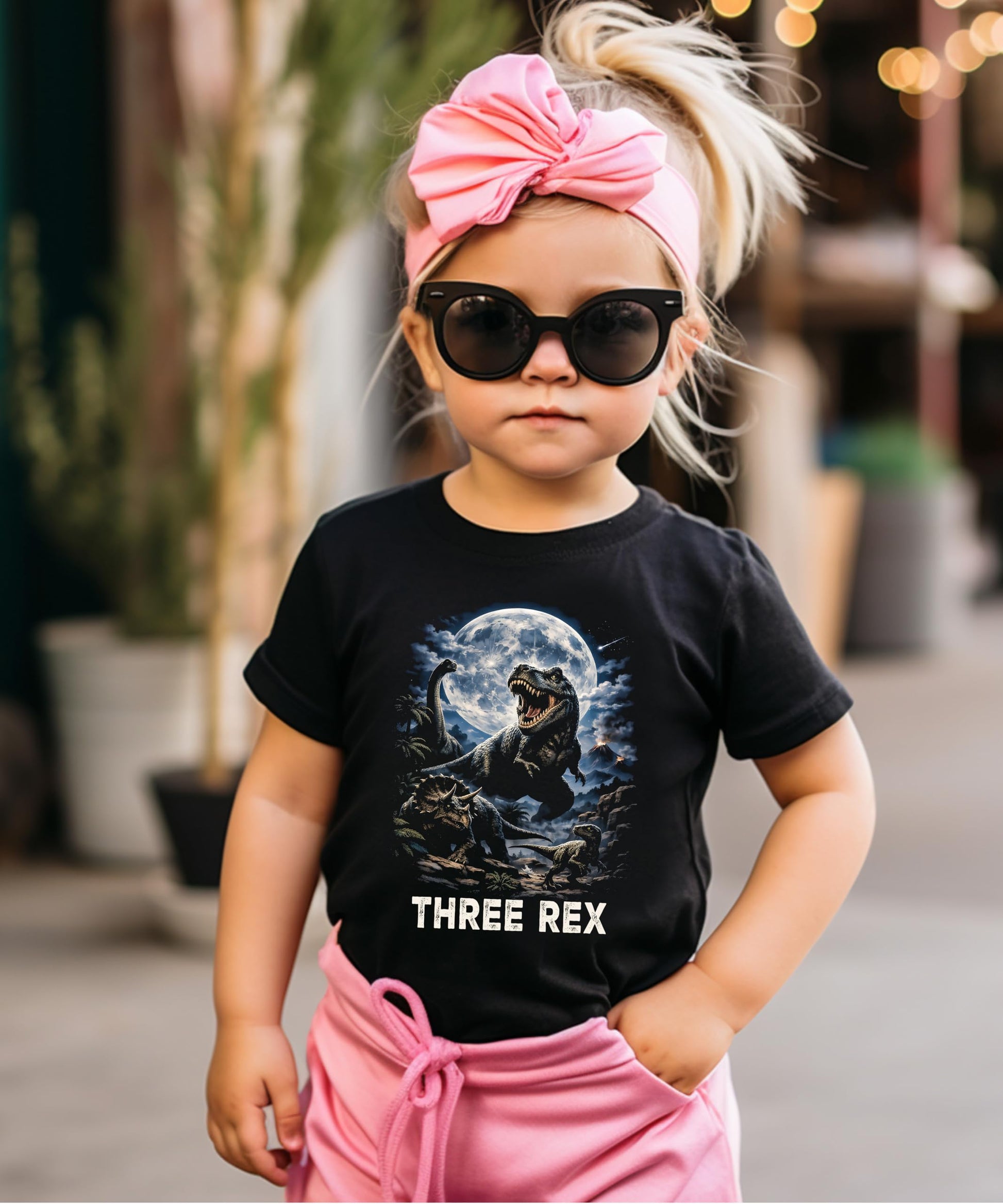 Three Rex dinosaur birthday shirt laid flat showing full graphic design