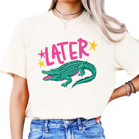 Side view of Later Gator women's graphic tee showing relaxed fit
