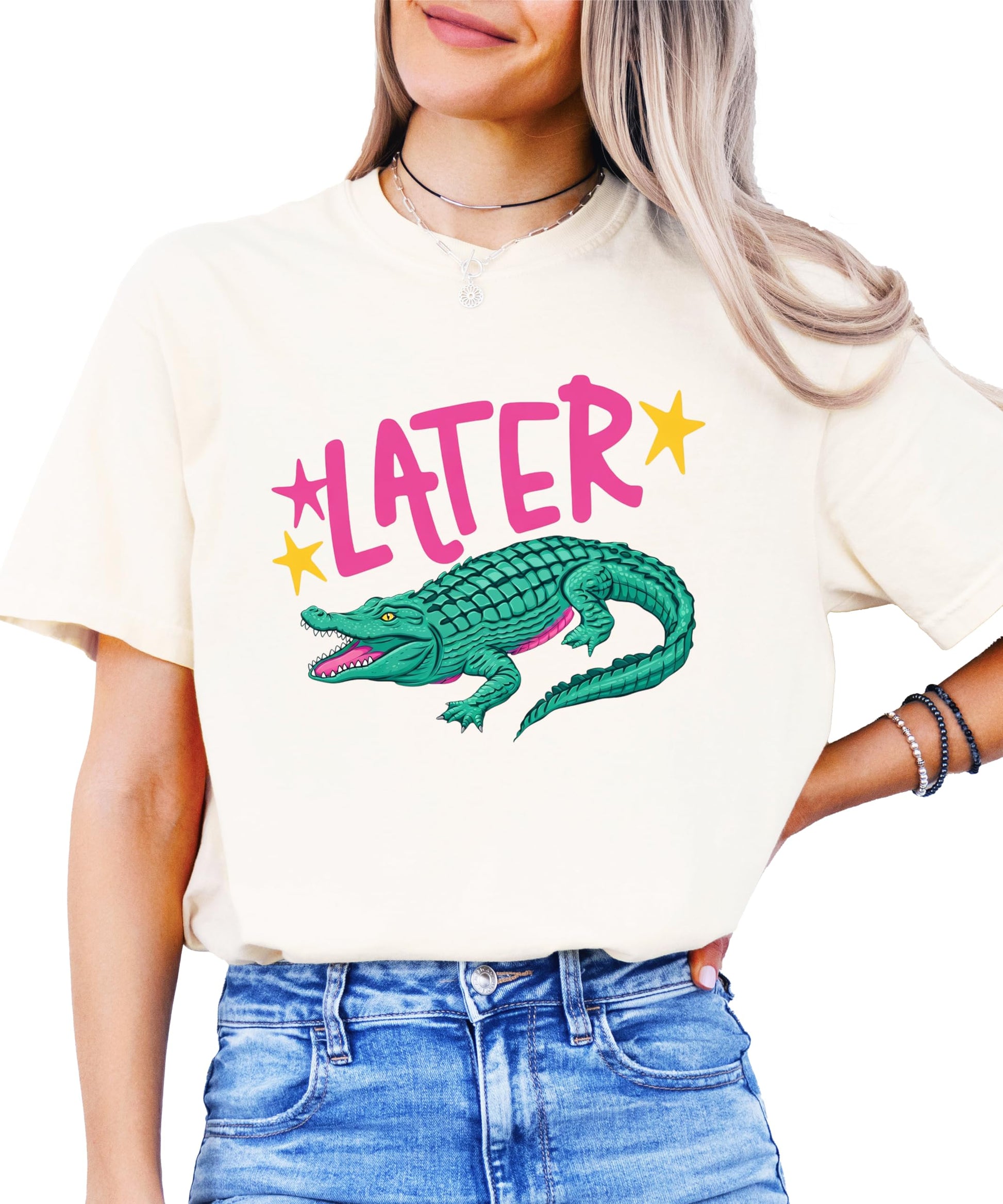 Side view of Later Gator women's graphic tee showing relaxed fit