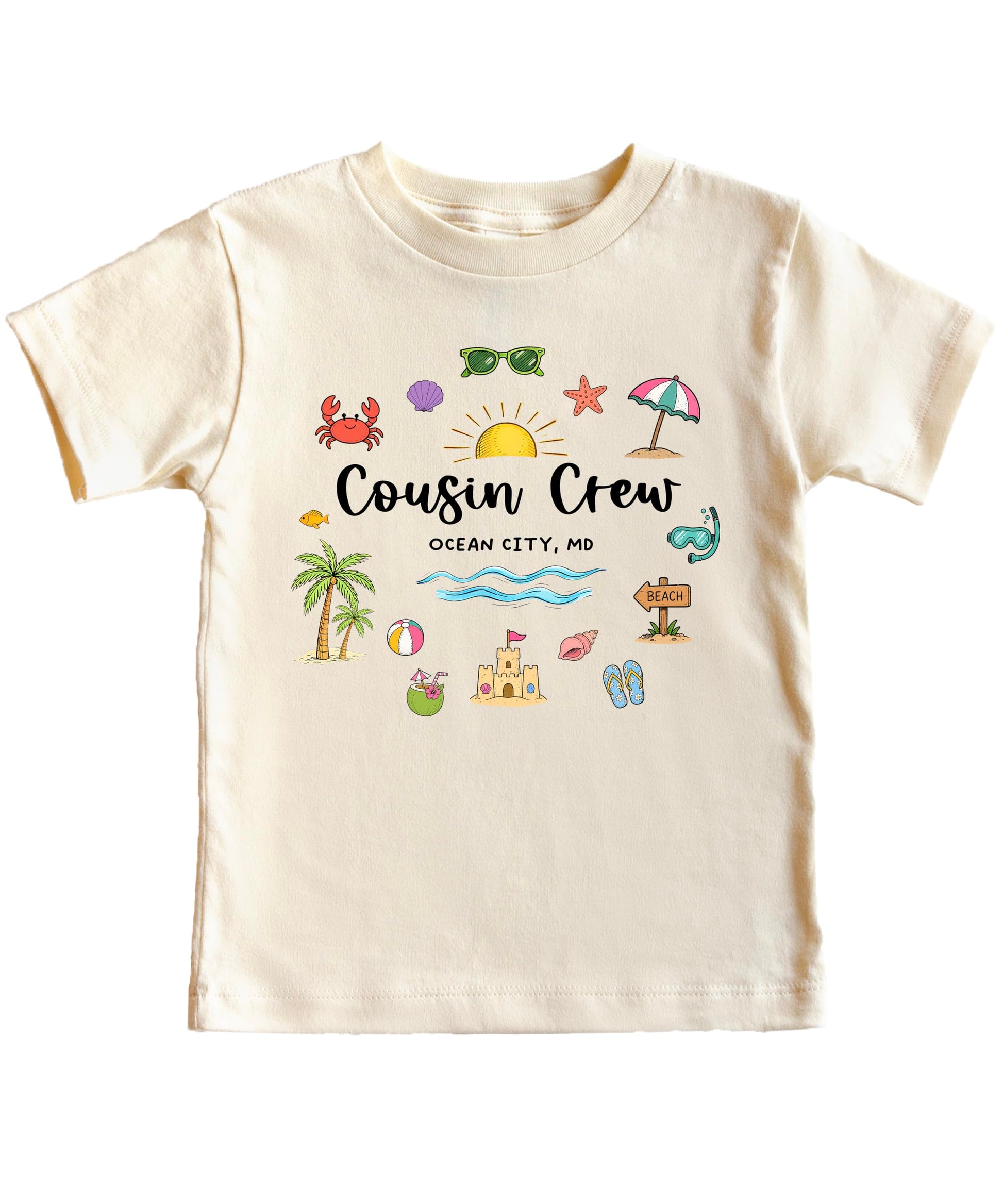 Cousin Crew Ocean City MD graphic tee with colorful beach design featuring palm trees and summer elements