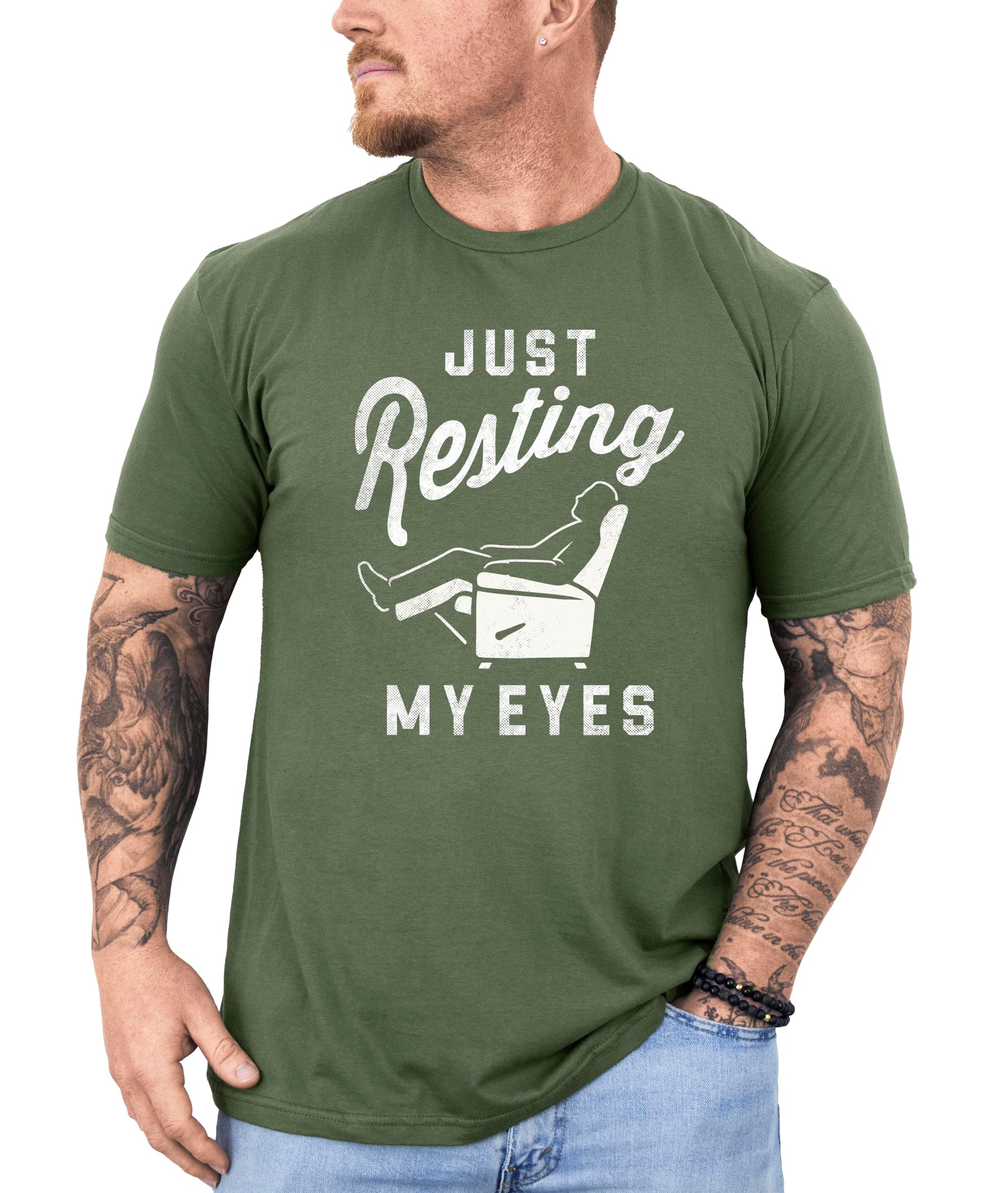 Model wearing Just Resting My Eyes Father's Day shirt showing comfortable fit and sizing