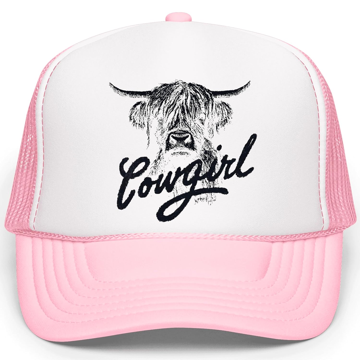 Flat lay of white highland cow cowgirl trucker hat showing full design and structure