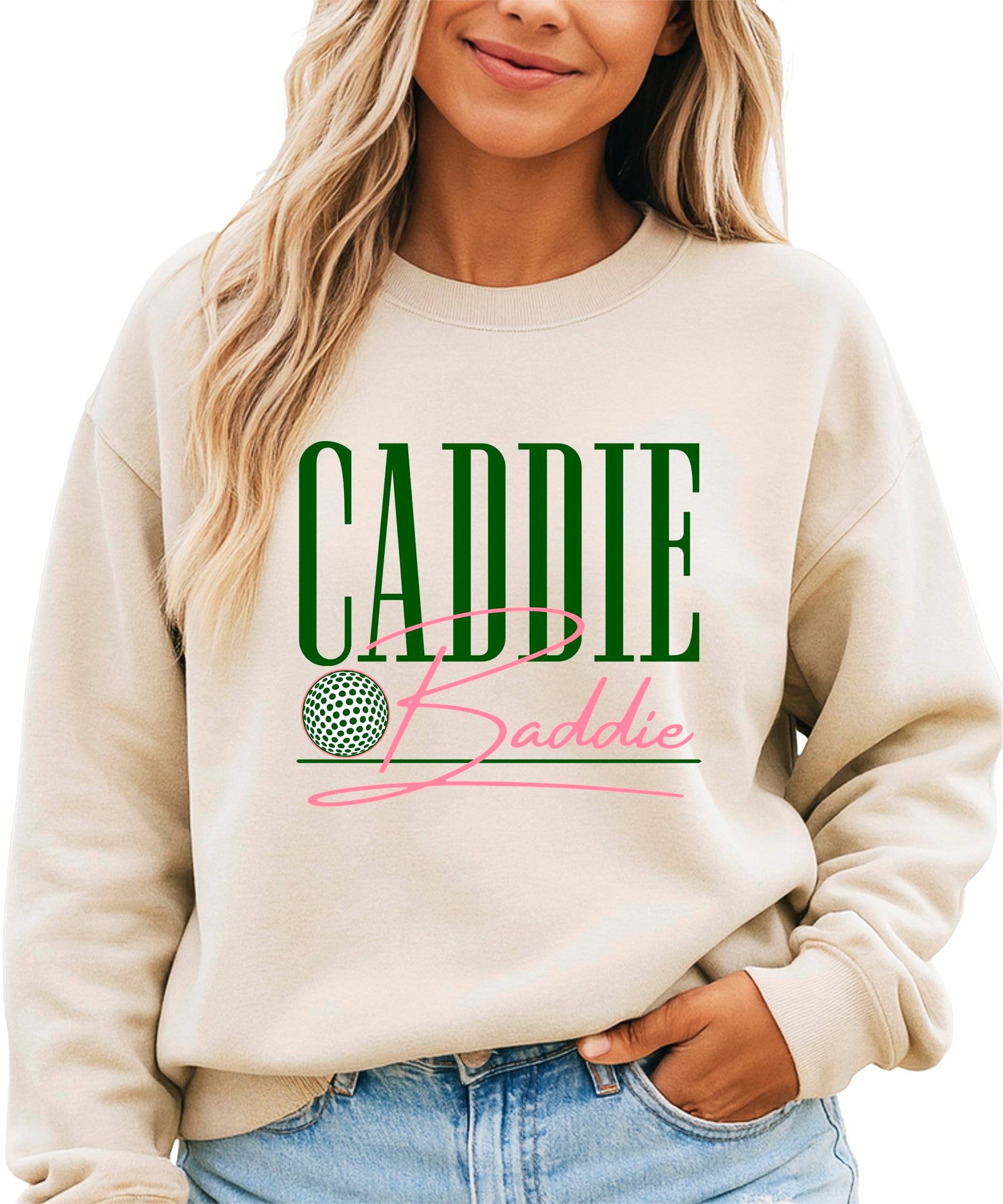 Woman wearing army green Caddie Baddie golf sweatshirt, front view