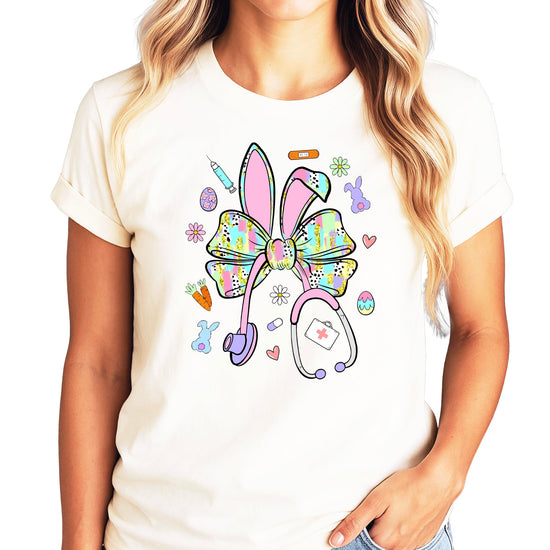 Easter nurse shirt with cute bunny bow and stethoscope graphic design on natural colored tee