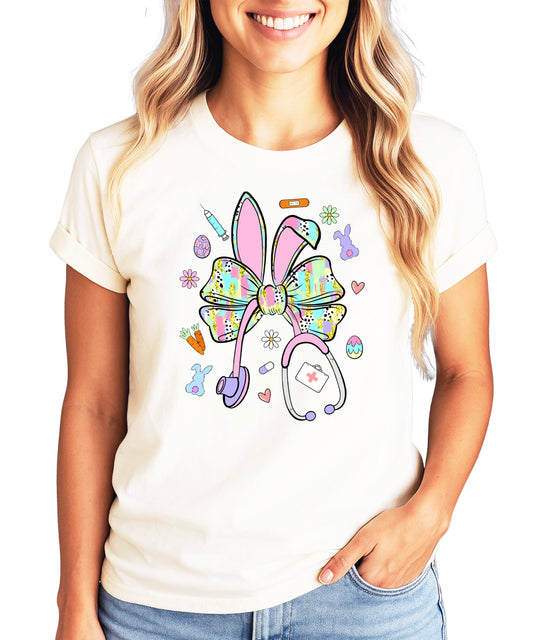 Easter nurse shirt with cute bunny bow and stethoscope graphic design on natural colored tee