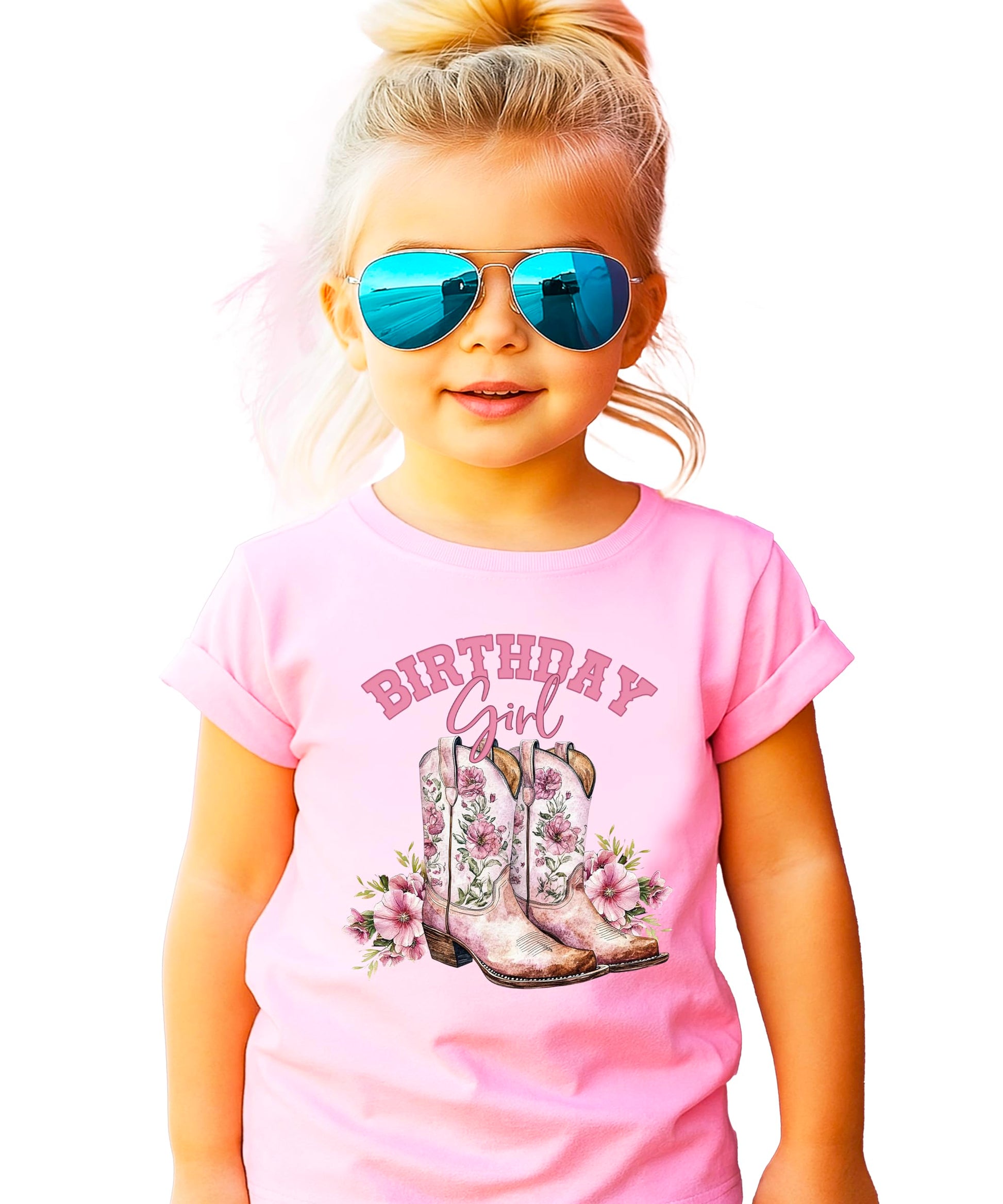 Birthday girl cowgirl tee displayed on hanger showing shirt color and graphic placement