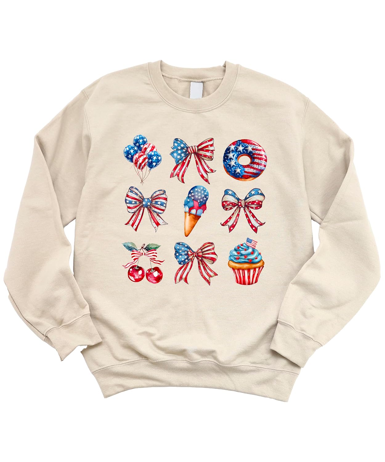 Patriotic sweatshirt design detail featuring star-spangled balloons patriotic bows cherries and flag-themed cupcake artwork