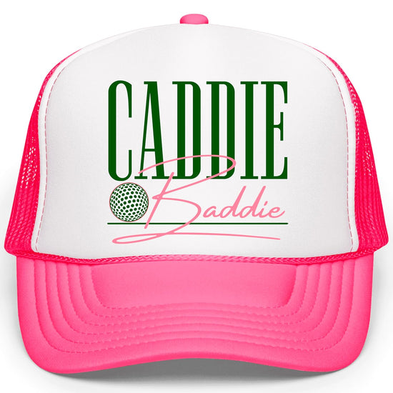 Woman wearing white and black Caddie Baddie trucker hat outdoors showing fit and style on model