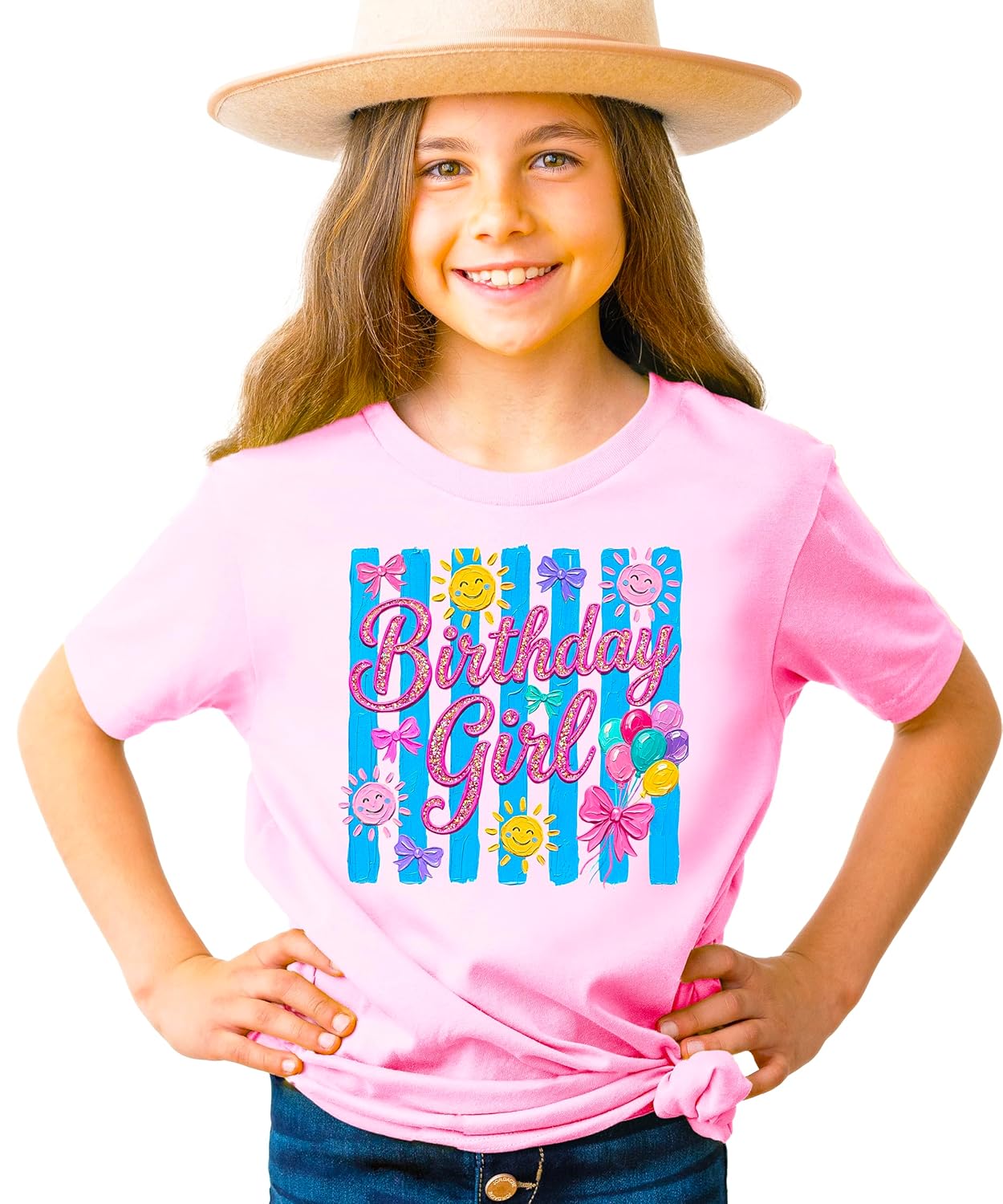 Close-up of Birthday Girl shirt showing colorful painted graphic with faux glitter script and balloon details
