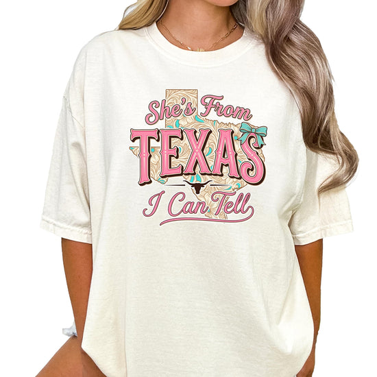 Detail shot of She's from Texas I Can Tell shirt print and fabric quality