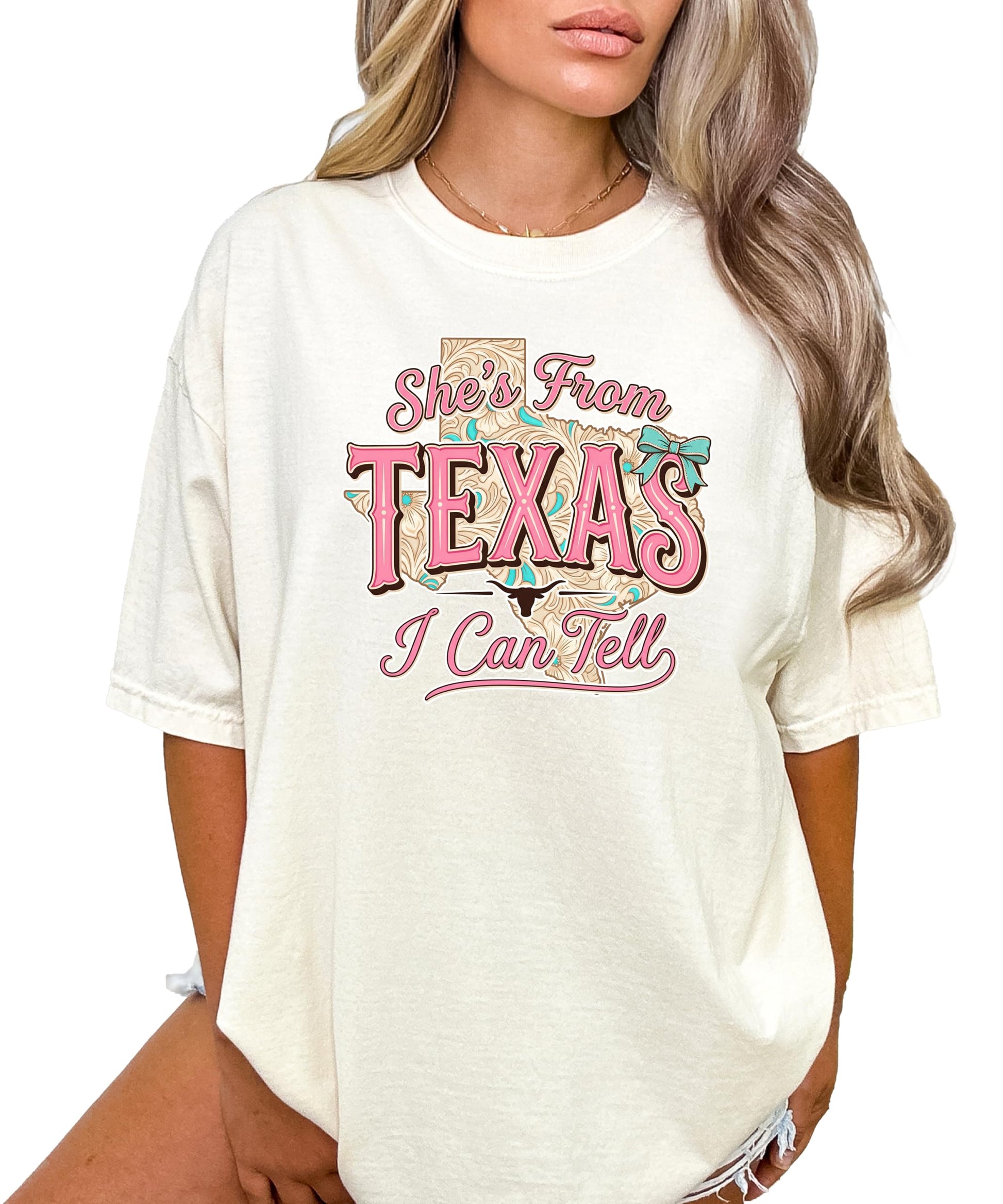 Detail shot of She's from Texas I Can Tell shirt print and fabric quality