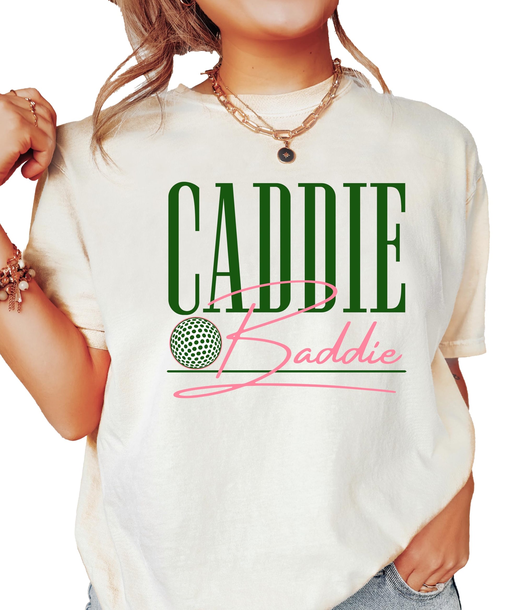 Women's Caddie Baddie golf shirt flat lay showing full design