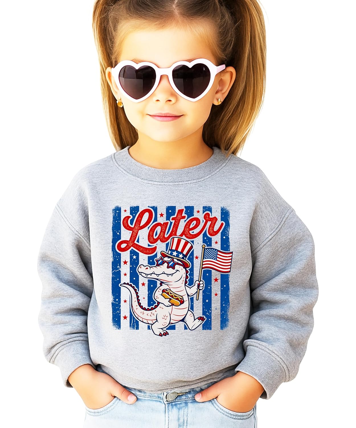 Later Gator sweatshirt design detail showing vintage-style American flag stripes and patriotic lettering
