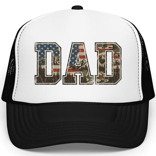 American flag camo mountain dad trucker hat with patriotic design on white foam front and mesh back