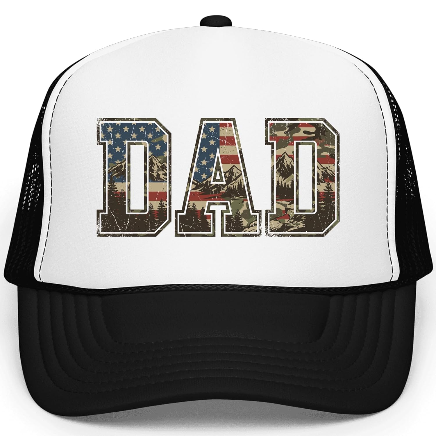 American flag camo mountain dad trucker hat with patriotic design on white foam front and mesh back