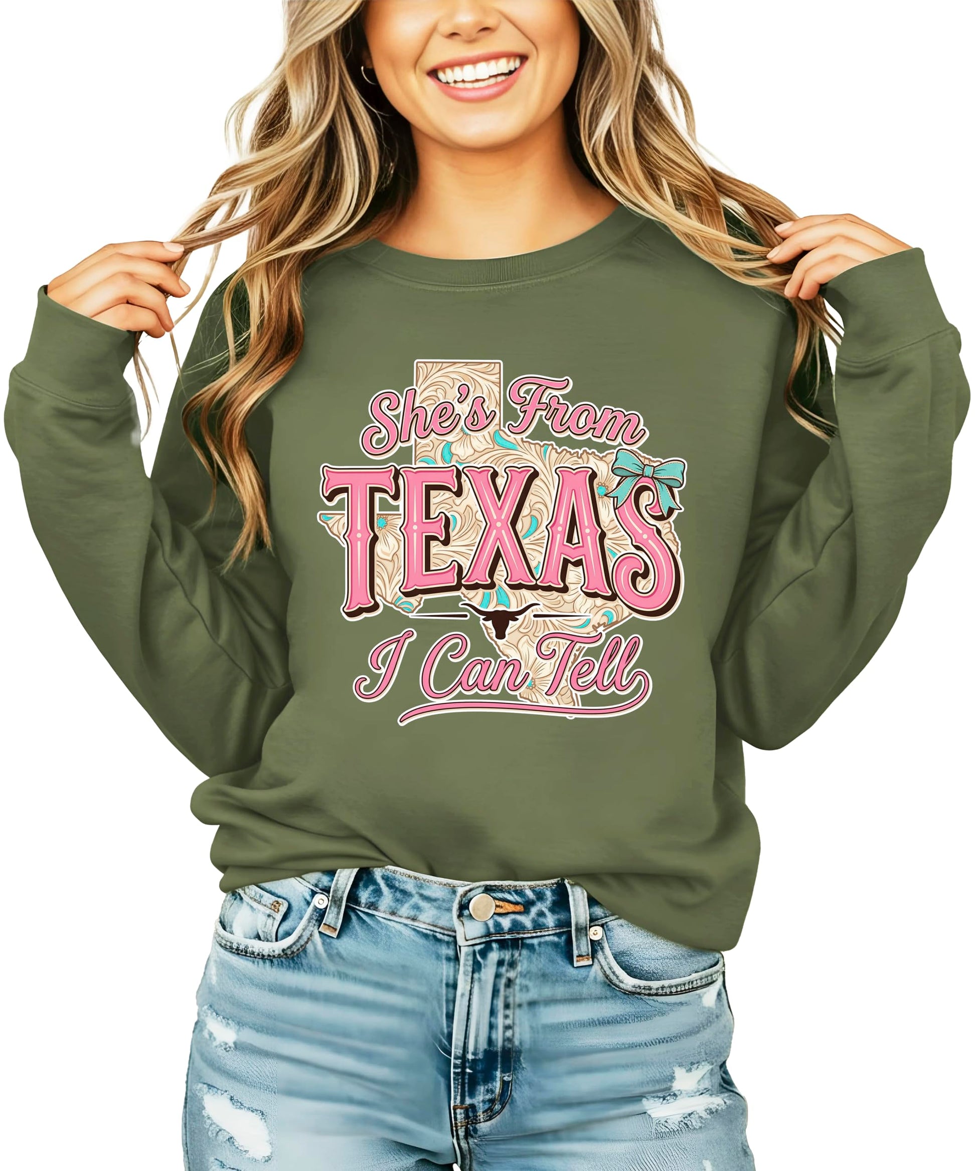 Army green sweatshirt with She's From Texas I Can Tell text and western cowgirl graphic design