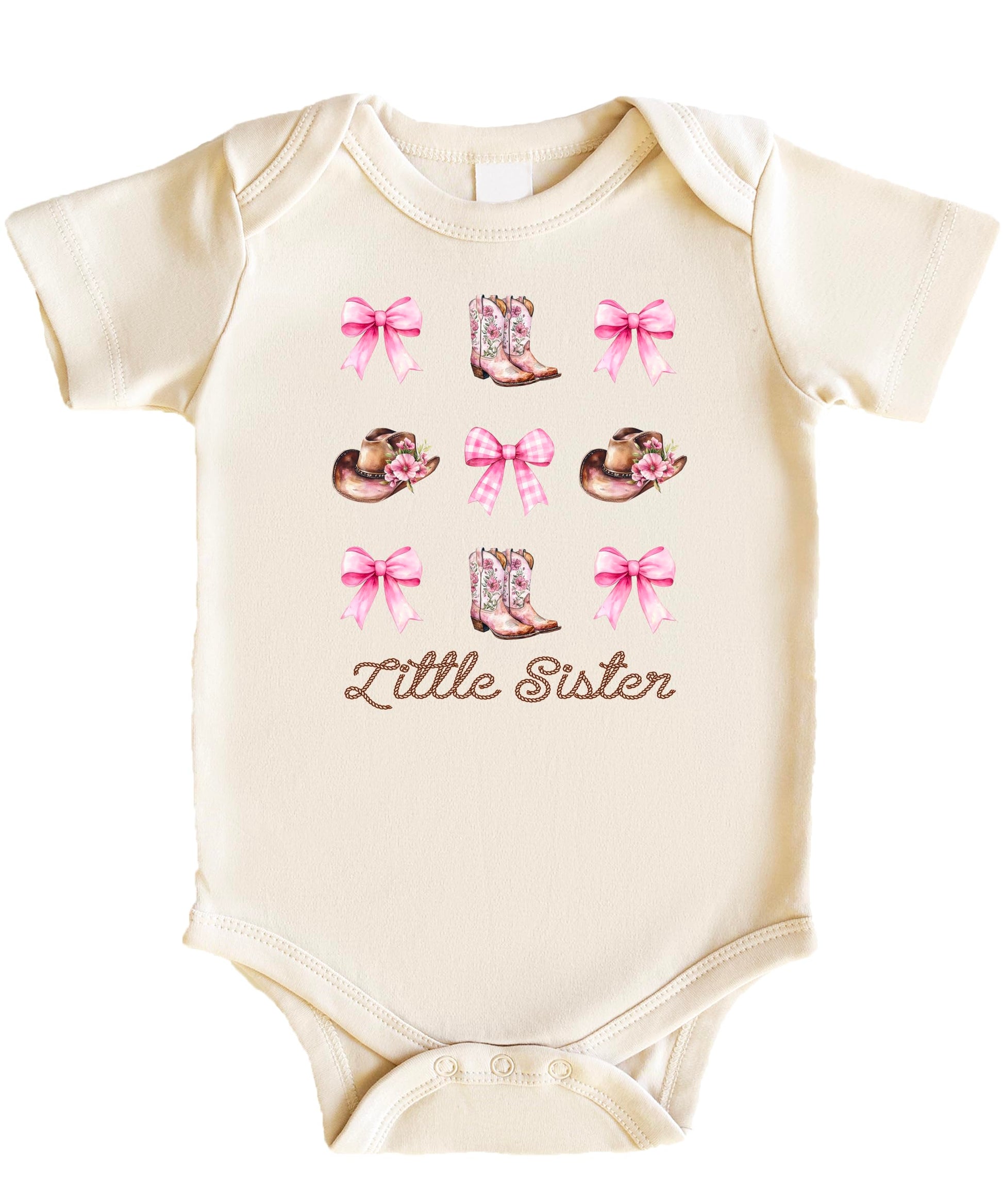 Pink baby bodysuit with Little Sister text and western cowgirl graphics including boots and hat