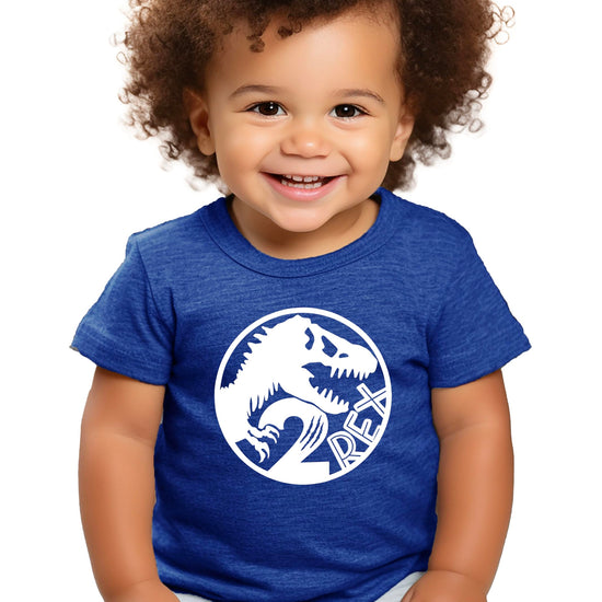 Back view of 2 Rex dinosaur birthday shirt showing plain black design for toddlers
