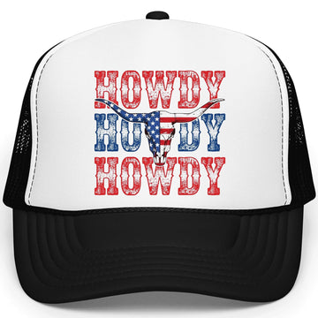 White trucker hat with red, white and blue Howdy bull skull graphic design front view