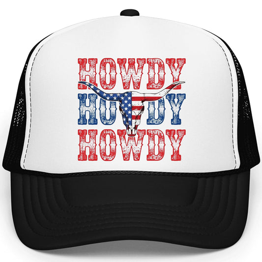 White trucker hat with red, white and blue Howdy bull skull graphic design front view