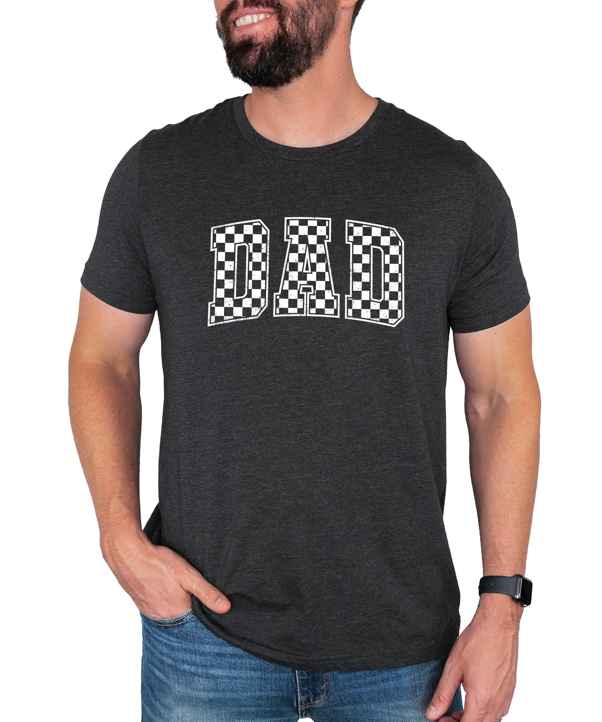 Close-up view of checkered DAD text graphic print on black men's t-shirt