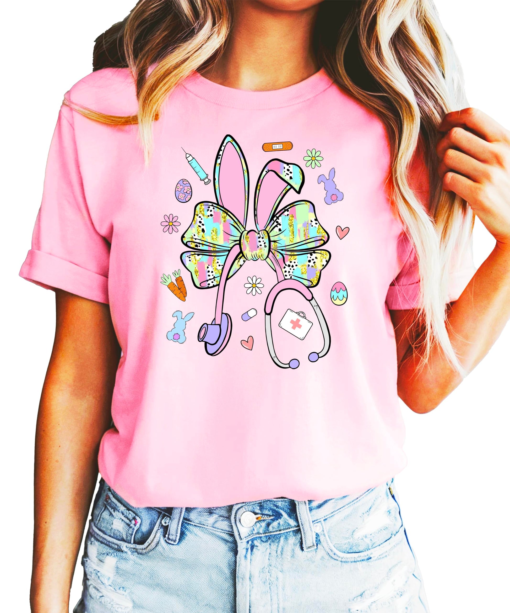 Easter nurse tee flat lay showing full shirt design with bunny and medical theme