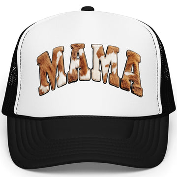 Howdy cowhide print women's trucker hat with brown and white cow pattern on structured foam front