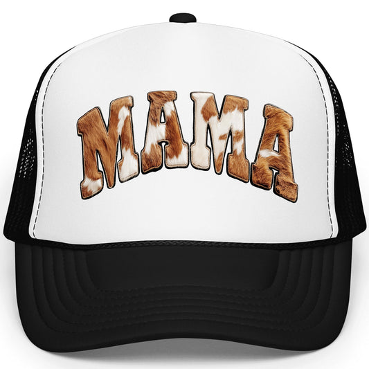Howdy cowhide print women's trucker hat with brown and white cow pattern on structured foam front