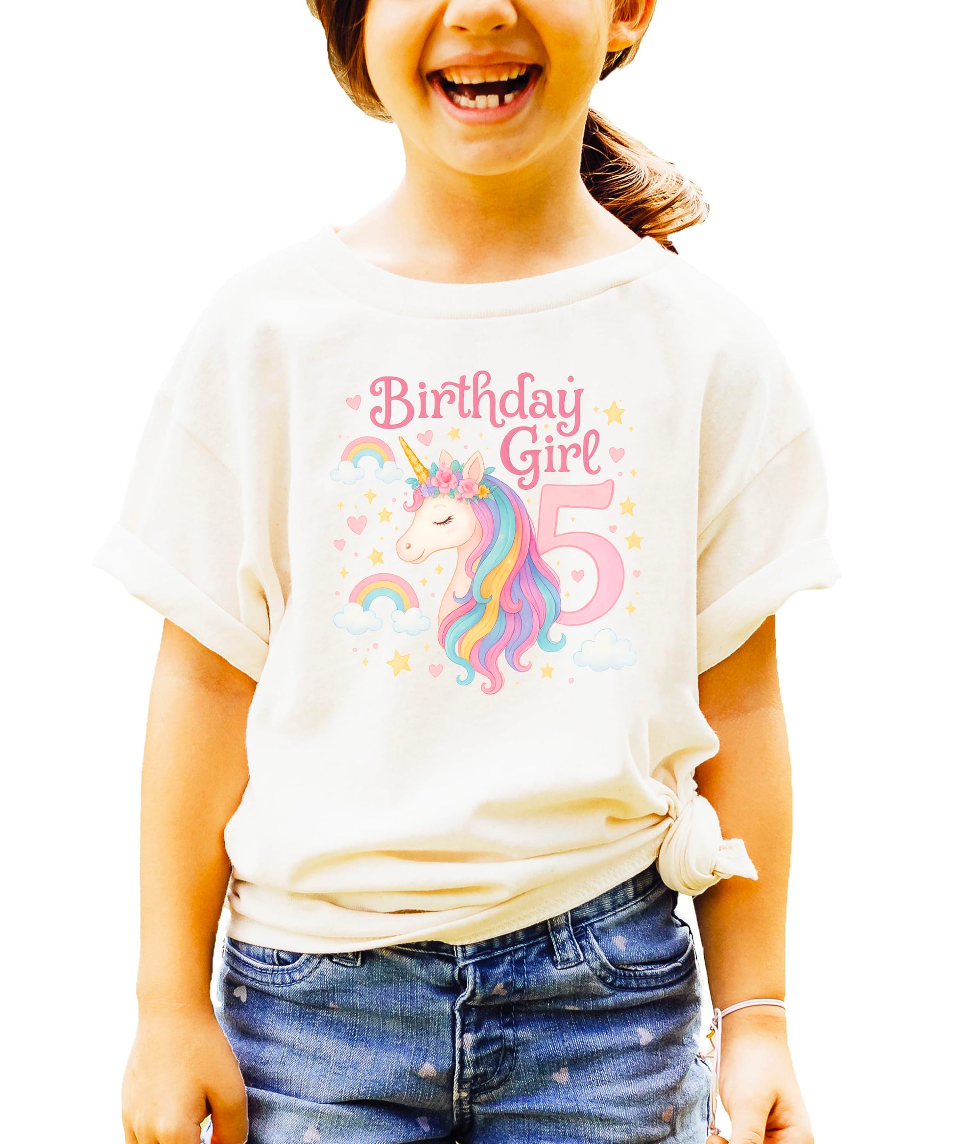 Fifth birthday unicorn tee displayed flat showing colorful magical design with hearts and stars