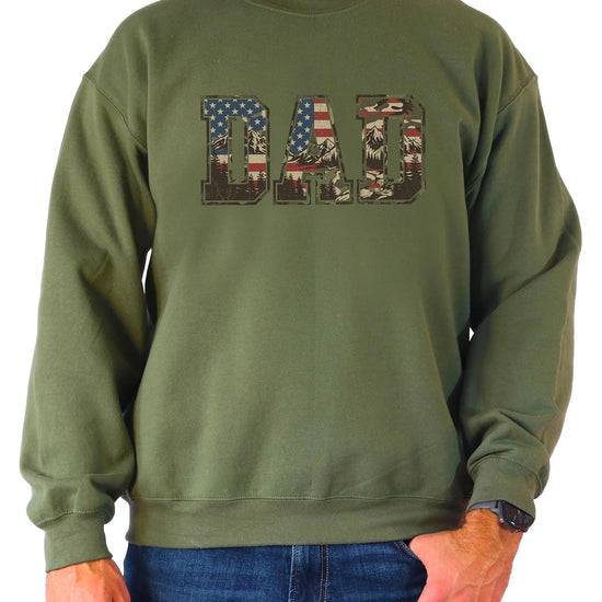 White patriotic dad sweatshirt with American flag and mountain camo DAD graphic design