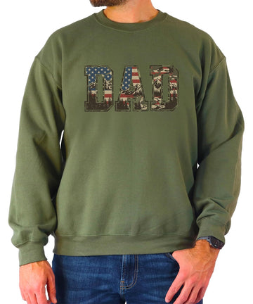 White patriotic dad sweatshirt with American flag and mountain camo DAD graphic design